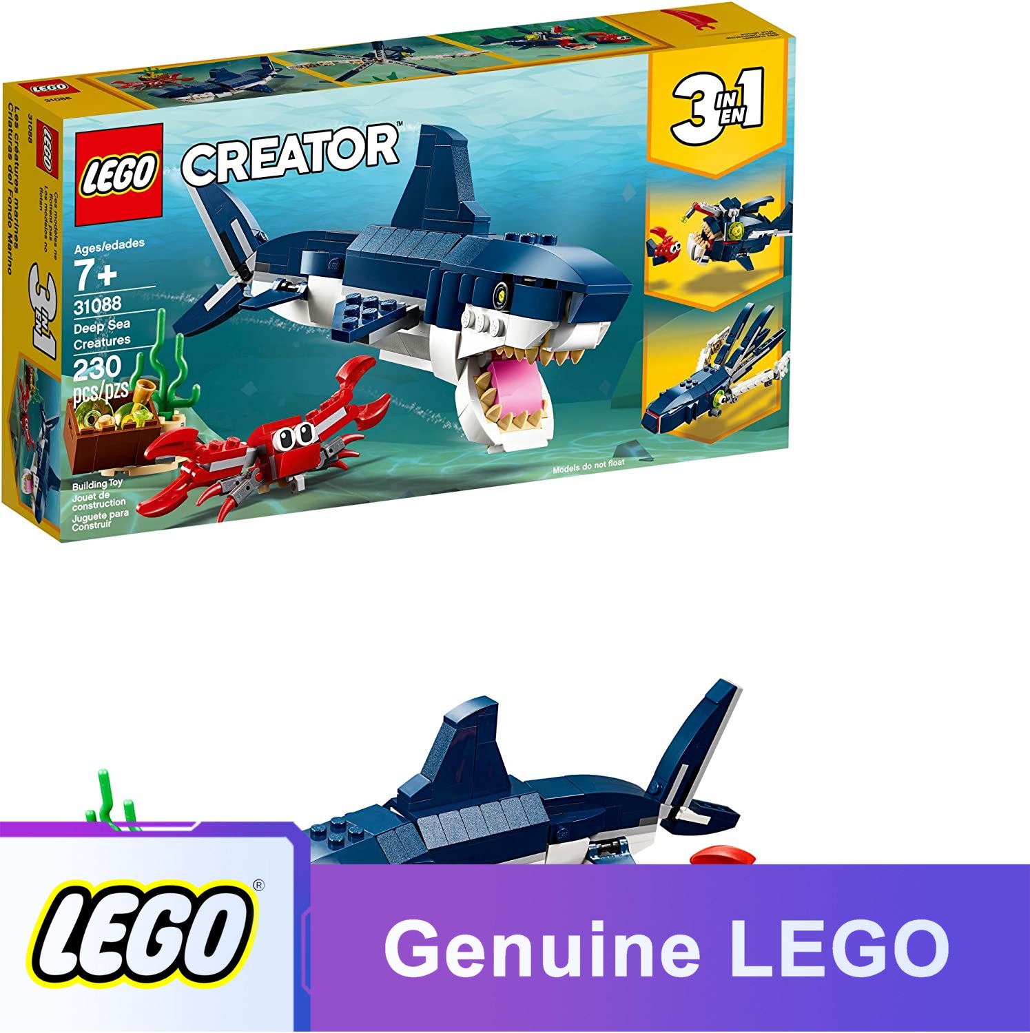 Mới LEGO Creator 3in1 Deep Sea Creature 31088 Sử dụng bộ đồ chơi xây dựng động vật biển này để làm cá mập, mực, cá câu và cua
