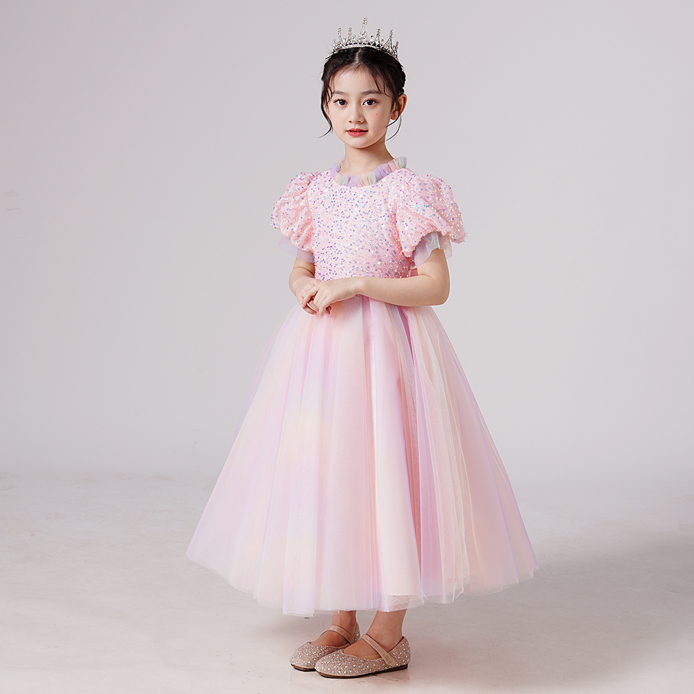 Công chúa Váy Cô gái Đám cưới Buổi tối Váy Maxi Khiêu vũ Trang phục Mùa hè Tay ngắn Tay phồng Váy Ren Sequin