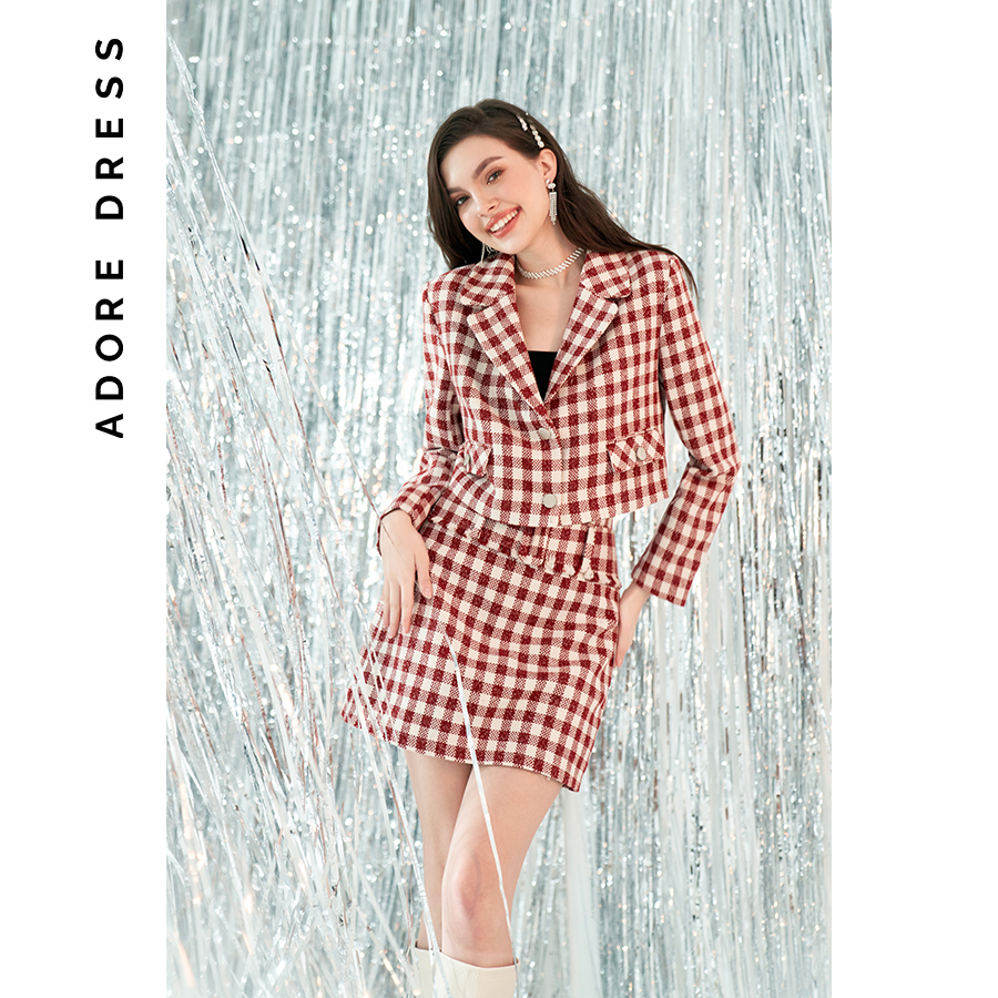 Crop blazer tweed karo trắng đỏ cổ 2 ve 2BL2031 ADOREDRESS