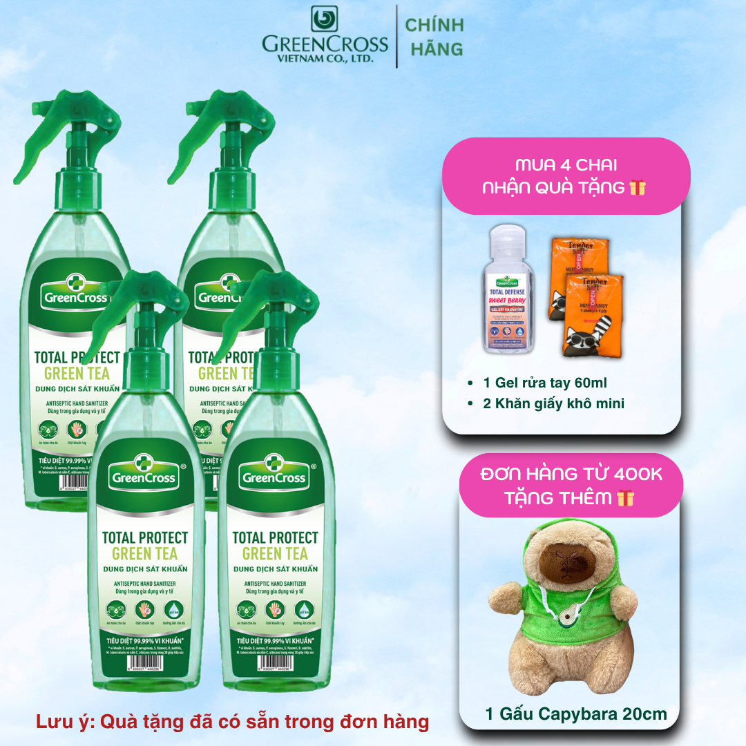  Combo 4-12 Chai Nước rửa tay khô Green Cross Total Protect Dạng Xịt 300ml diệt khuẩn vượt trội 99.9% 
