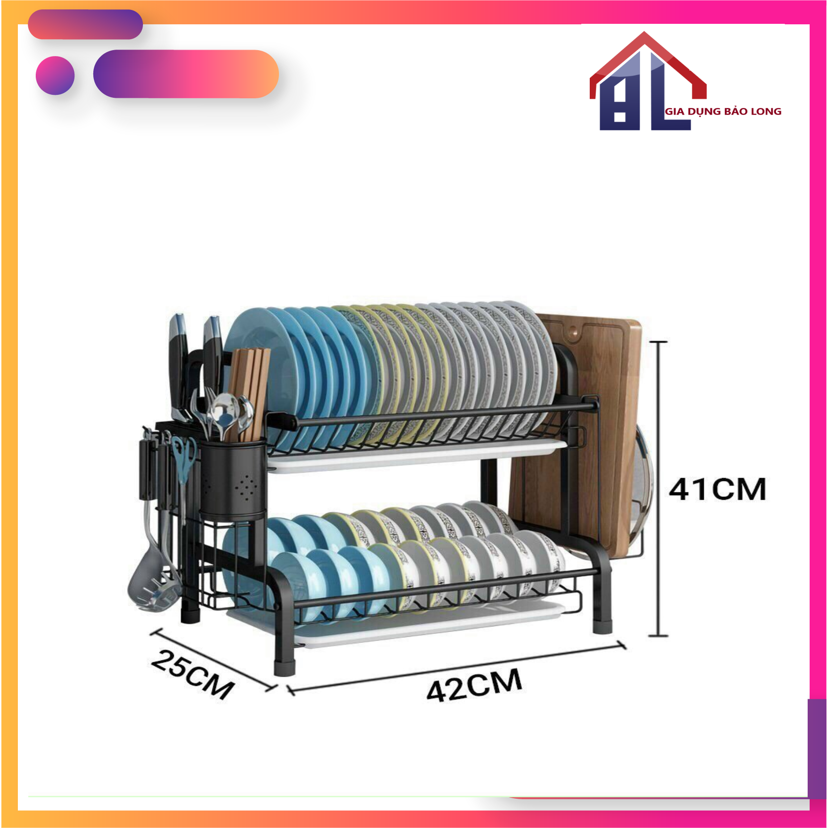 Kệ 2 tầng để chén bát bằng inox 304 cao cấp sơn tĩnh điện màu đen có kèm ống đựng đũa thìa và giá để dao thớt mâm và khay hứng nước bằng nhựa