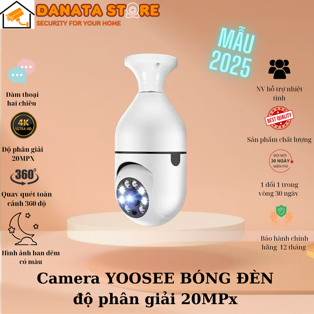 [Độ phân giải 20MP] Camera Yoosee bóng đèn thế hệ mới - xoay 360 độ, xem đêm có màu mẫu mới nhất 2025