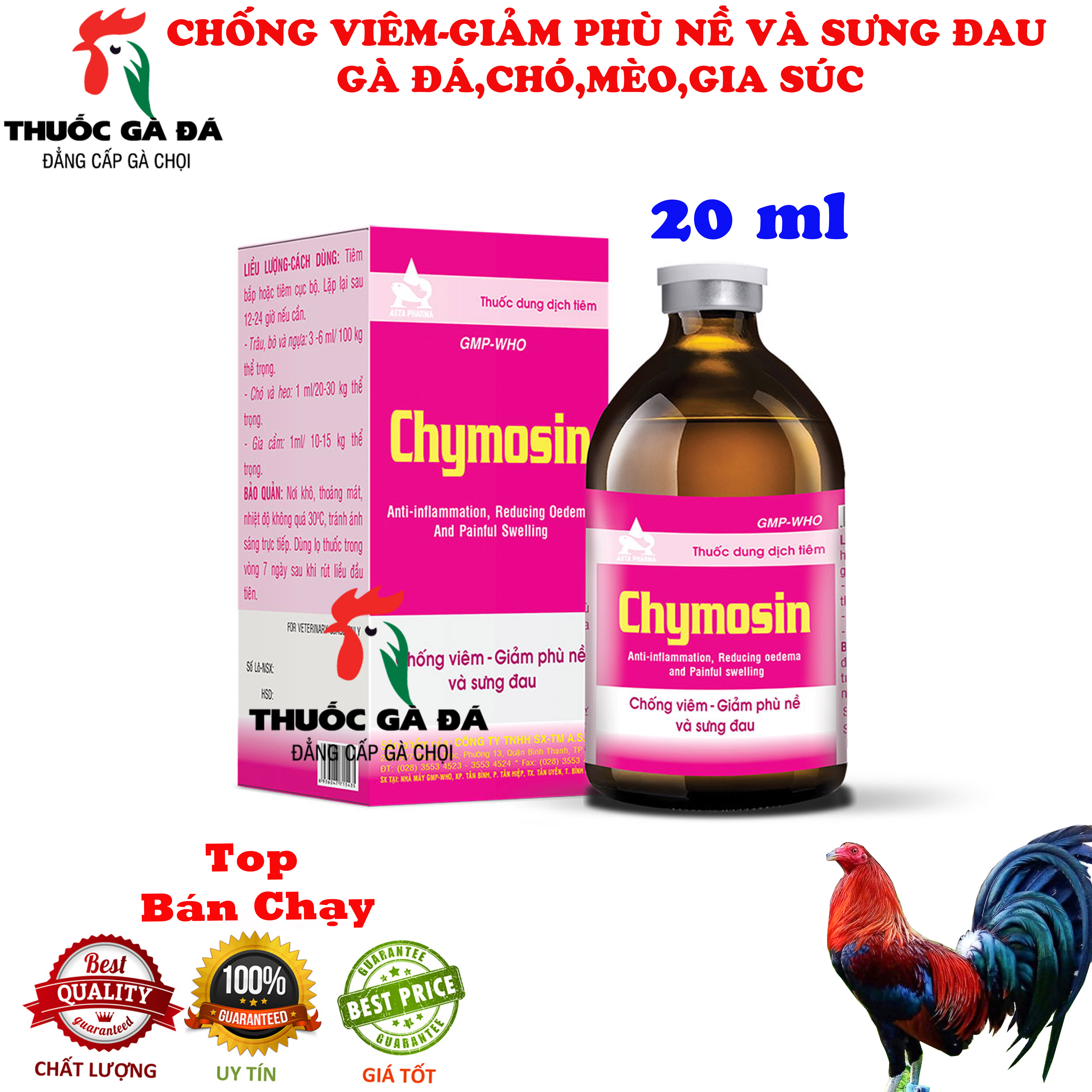 Chymosin 20ml Chống viêm, giảm phù nề và sưng đau GÀ ĐÁ, HEO,CHÓ MÈO.