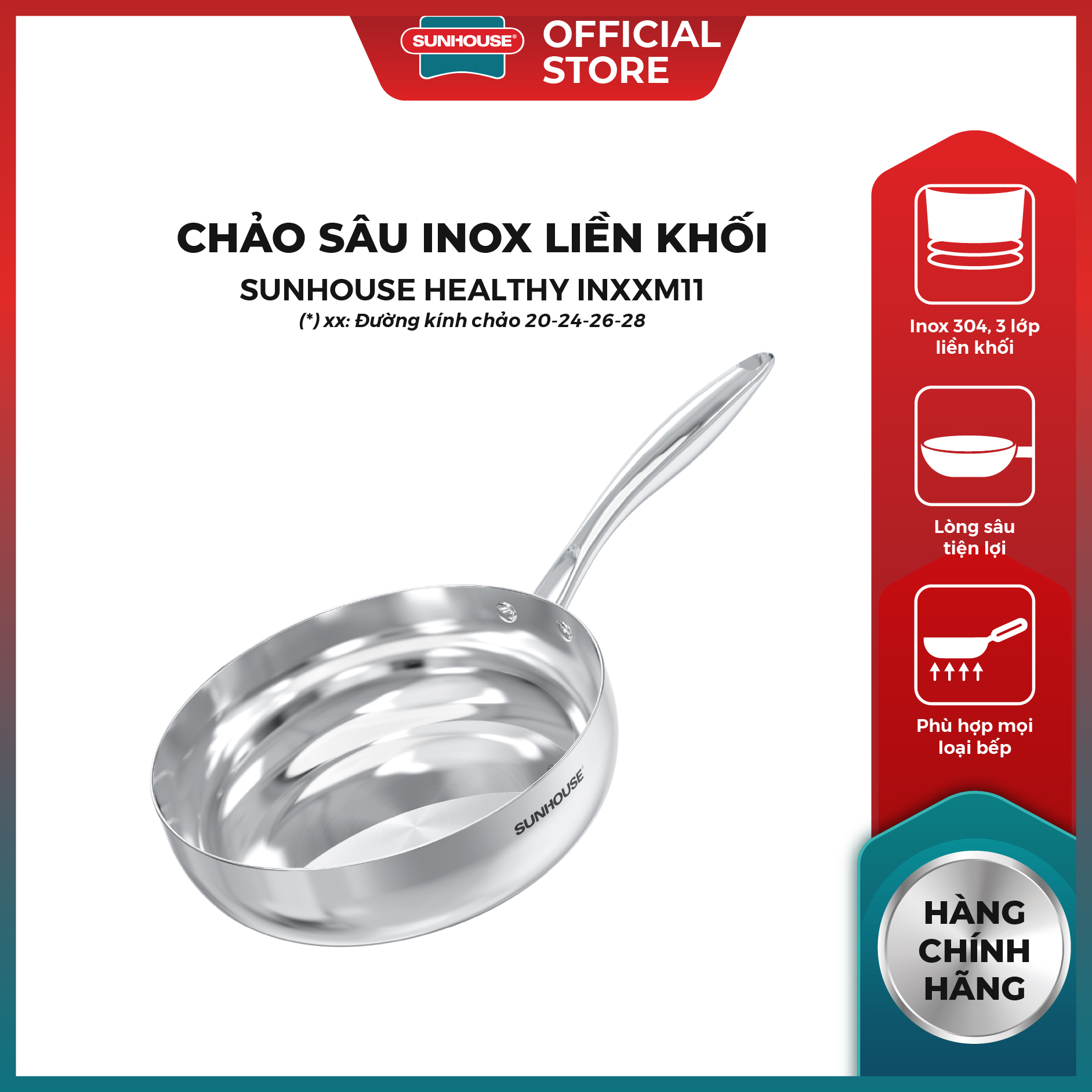Chảo sâu Inox liền khối Sunhouse Healthy IN20-28M11 - Inox 304, 3 lớp liền khối - Lòng sâu tiện lợi - Phù hợp mọi loại bếp