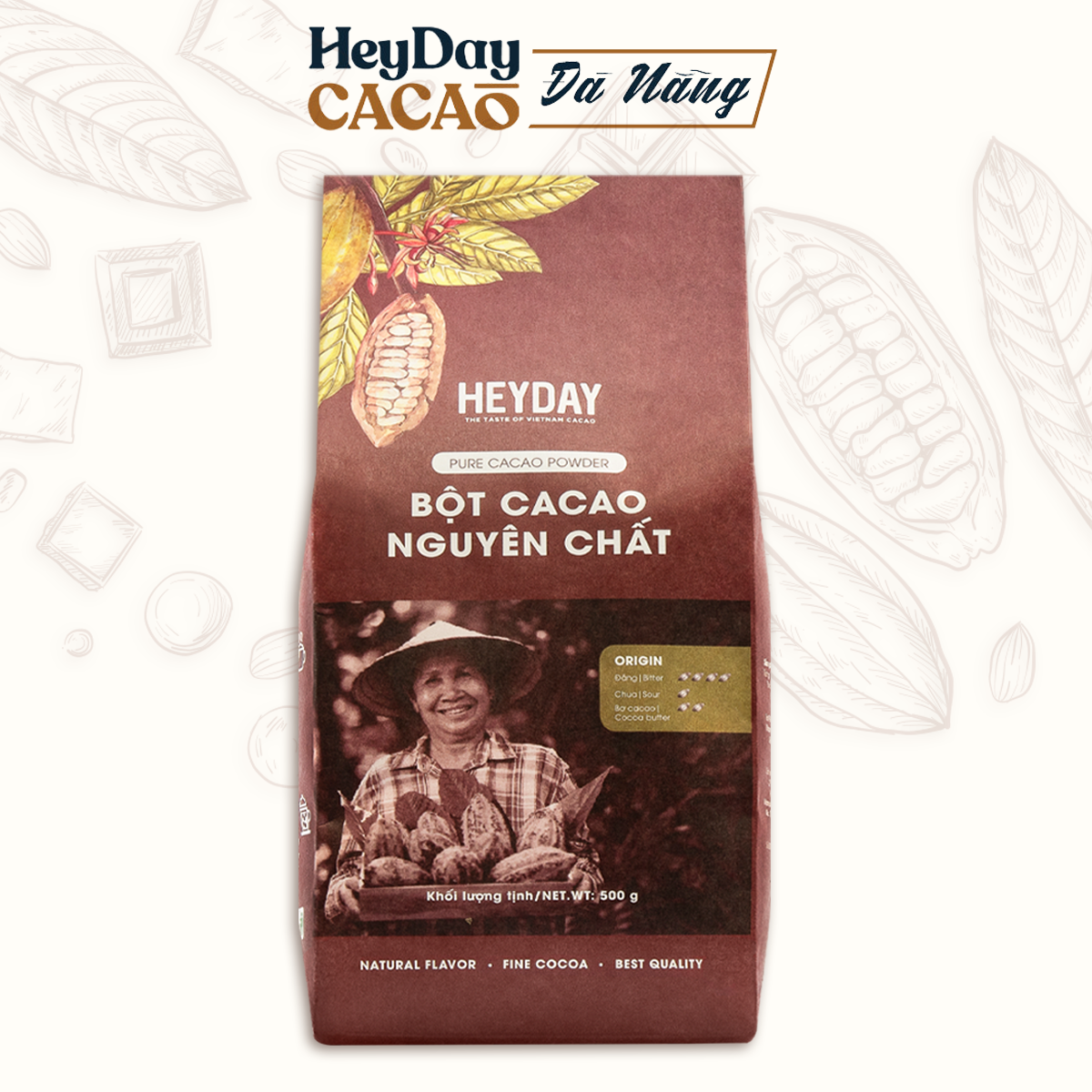 Bột cacao nguyên chất 100% Heyday - Dòng Origin thượng hạng 18% bơ cacao tự nhiên - Túi 500g - Phù hợp chế độ ăn kiêng KETO, Low-Carb, DAS - Không đường, không phụ gia, không hương liệu - Chuẩn UTZ Quốc Tế