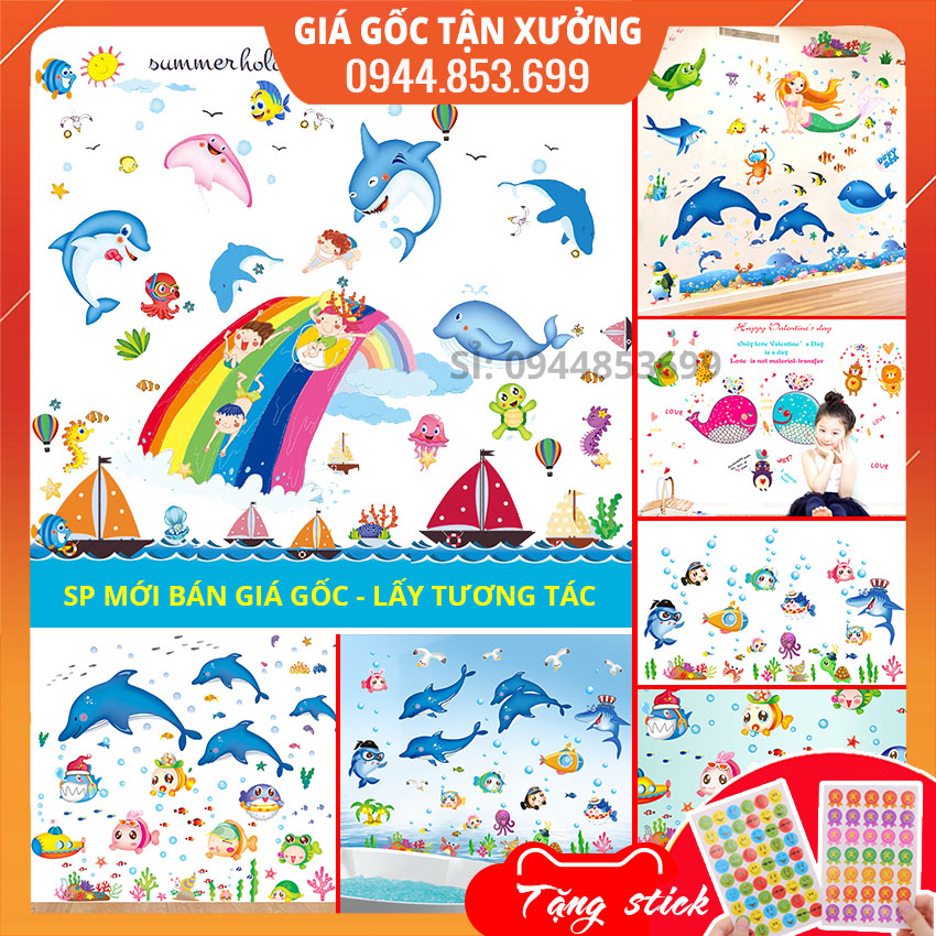 Decal dán tường cho bé các loại cá và động vật dưới biển nhiều mẫu, hình sticker dán tường cho bé cá
