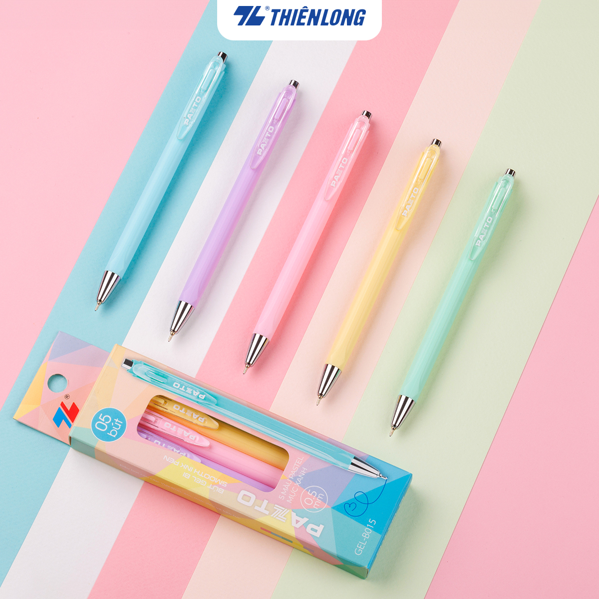  Hộp 5 Bút gel bi Pazto Thiên Long Smooth Ink Pen ngòi 0.5mm - Mực xanh viết trơn êm thân bút 5 màu tone pastel GEL-B015 