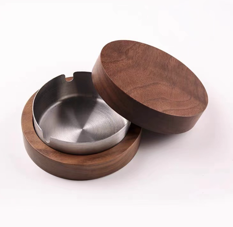  Gạt tàn thuốc hình tròn gạc tàn Gạt tàn gỗ tự nhiên lõi inox 304 dày tháo rời được nắp đậy kín mùi quà tặng gạt tàn 