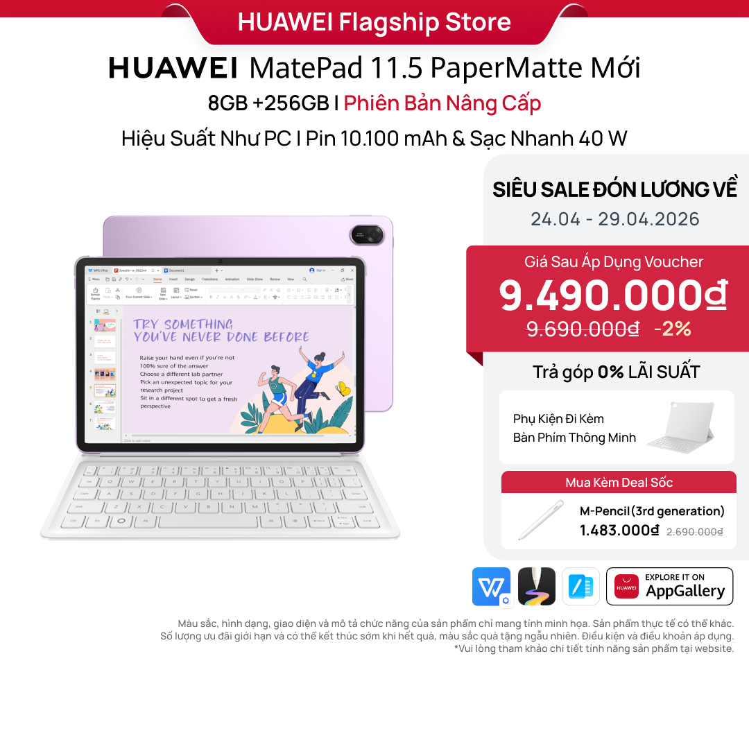 [Add-on Deals] Máy Tính Bảng HUAWEI MatePad 11.5 PaperMatte Mới 8+256GB | Hiệu Suất Như PC | Pin 10.100 mAh | Sạc Nhanh 40W