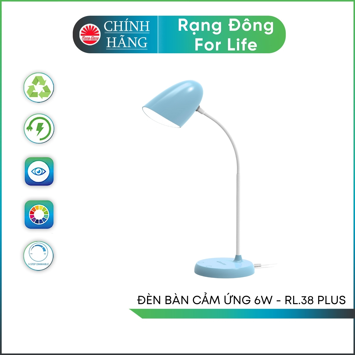 Đèn bàn Rạng Đông chip LED Sunlike điều khiển cảm ứng đổi 4 màu ánh sáng chỉnh 3 cấp công suất Model RDRL-38.Plus 6W