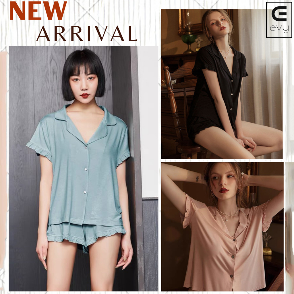 Bộ ngủ lụa trơn màu, bộ ngủ pizama bèo nữ tính BN010, Có ảnh thật