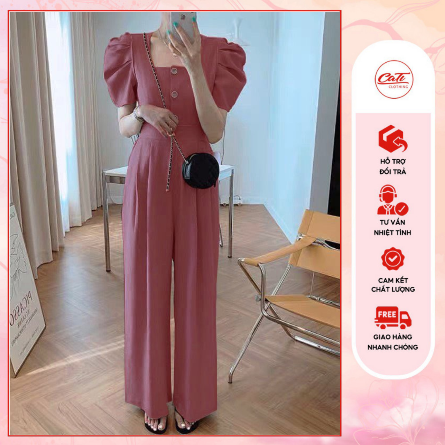 CATI Jumpsuit Cati cổ vuông tay bồng 3 màu xanh - xám - hồng