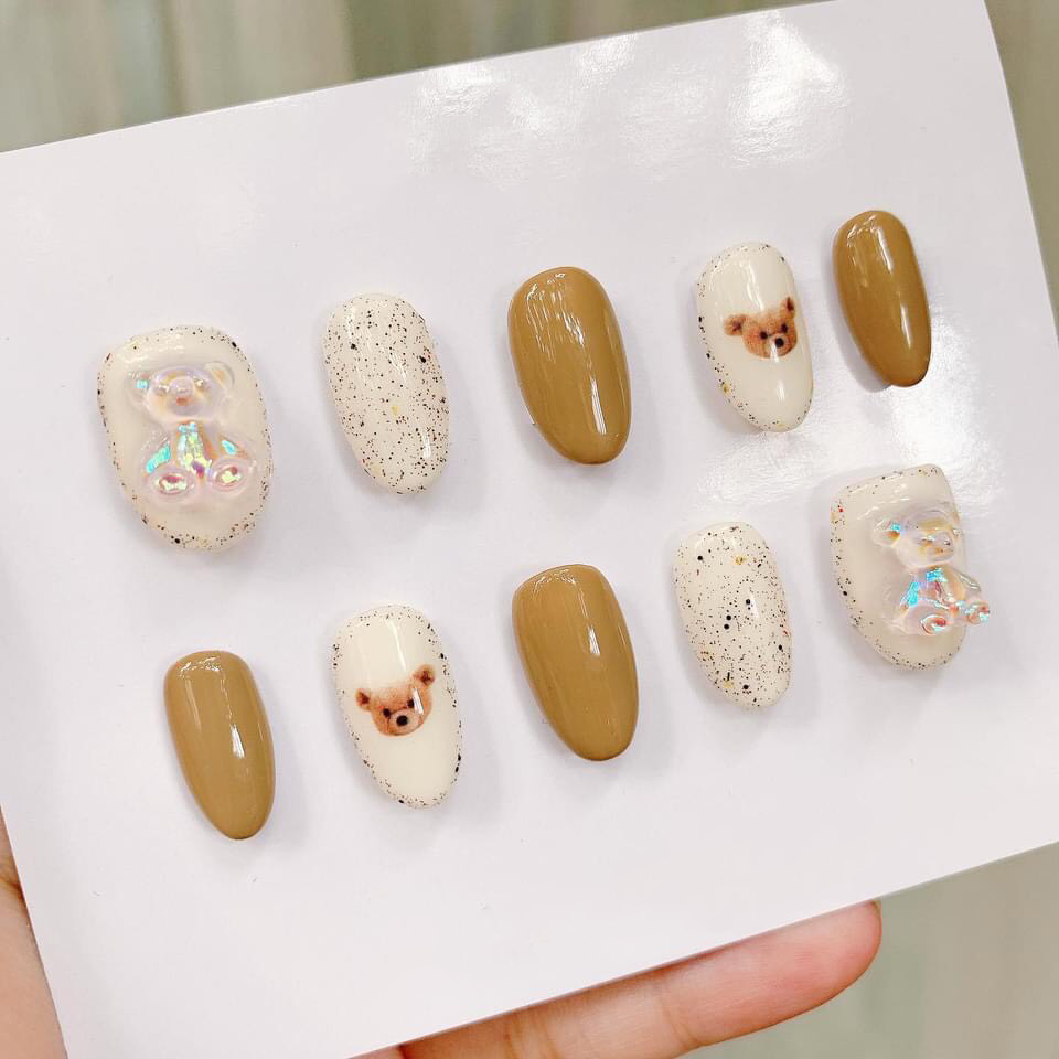 Móng giả hoạ tiết nâu gấu xinh xắn A274, nailbox thủ công tặng kèm keo dũa