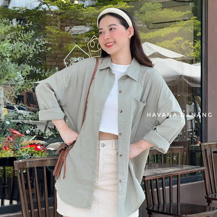 Áo sơ mi đũi xước dài tay nữ, sơ mi form rộng hai màu