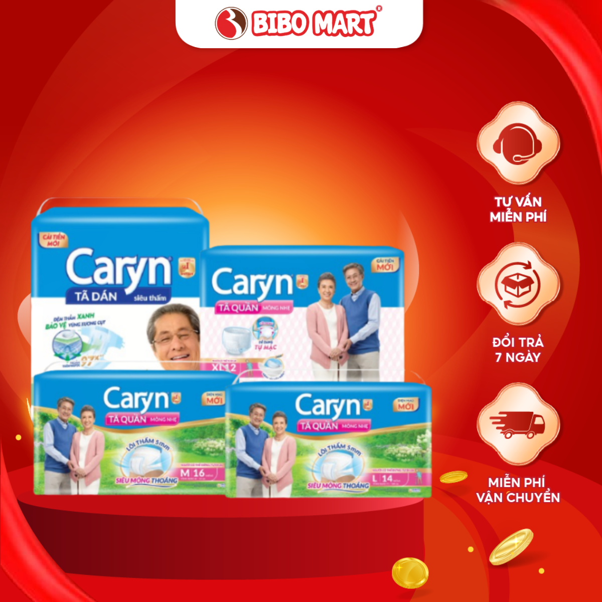 Tã Bỉm Quần Người Lớn Caryn Mỏng Nhẹ Siêu Thấm Hút Chống Tràn Co Giãn Thoải Mái Size XL12 L14 M16 M10 - Bibomart