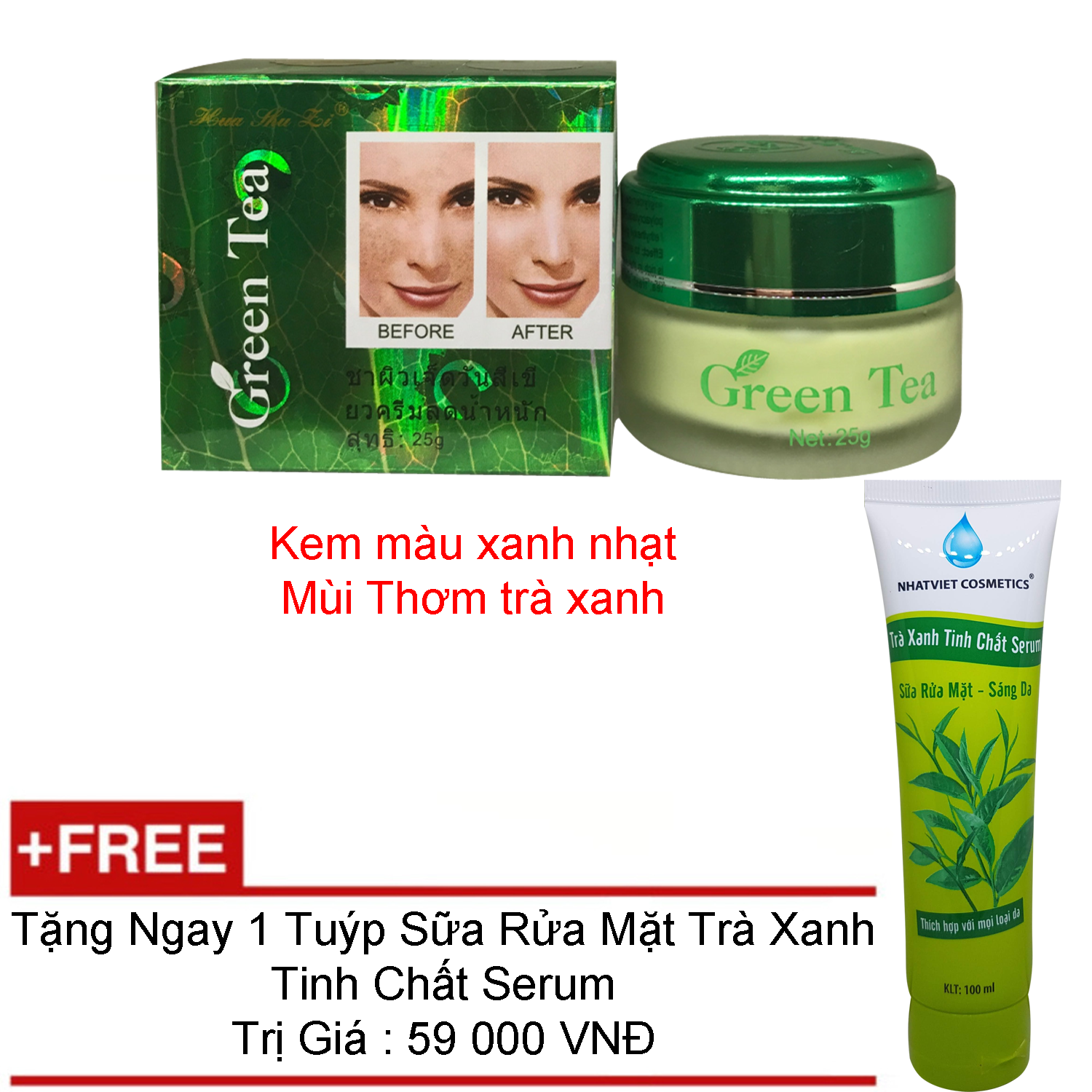 KEM NÁM TRẮNG DA TRÀ XANH GREEN TEA TAIWAN 25G + TẶNG SỮA RỬA MẶT SÁNG DA TRÀ XANH TINH CHẤT SERUM 100ML NHẬT VIỆT COSMETICS