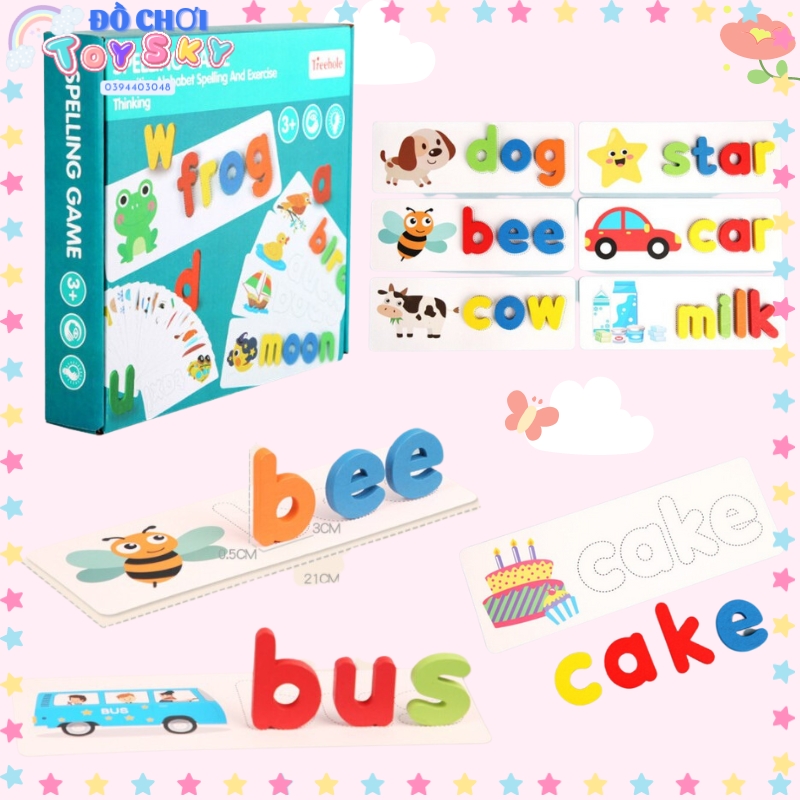 Đồ chơi giáo dục ghép hình bộ chữ gỗ Spelling Game học đánh vần tiếng anh chính tả đồ chơi học tiếng anh cho bé kèm 28 thẻ từ vựng KT 25x21cm