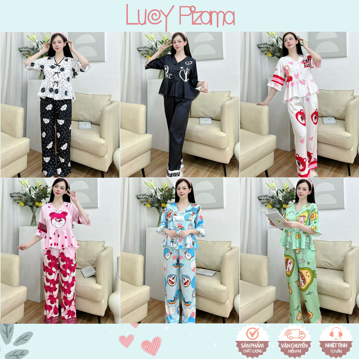 Bộ ngủ lụa xước ánh kim tay lửng quần dài in 5D 2 mặt dễ thương - Lucy Pizama