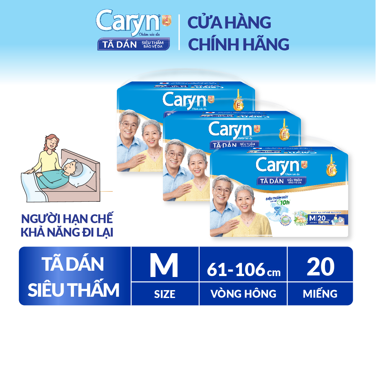 Combo 3 Tã Dán Người Lớn Caryn Siêu Thấm Gói Đại Dành Cho Người Hạn Chế Khả Năng Đi Lại Size M20 [Bao bì thay đổi theo từng đợt nhập hàng]