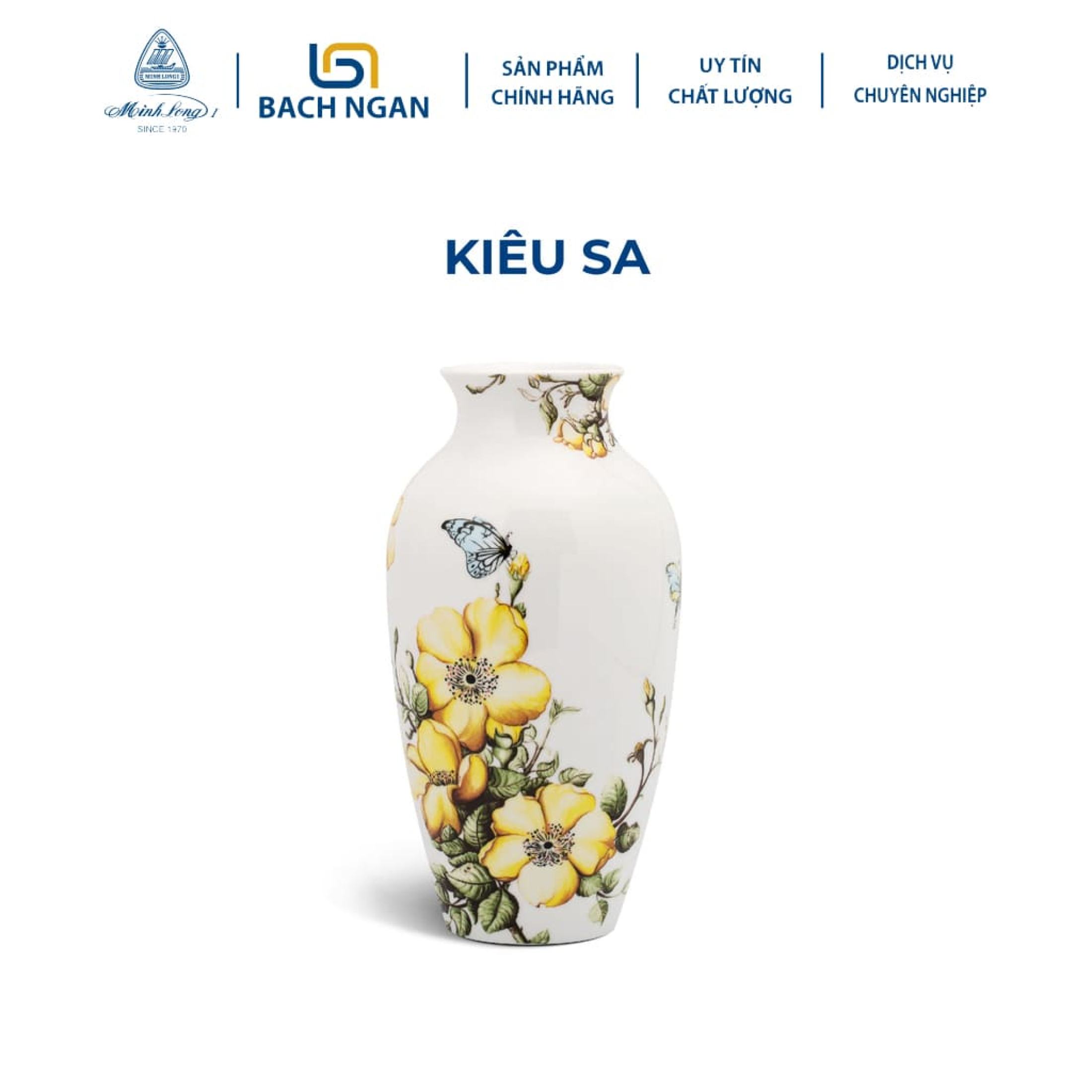 Bình Hoa Gốm Sứ Minh Long  27cm Kiêu Sa hàng đẹp cao cấp viền vàng 24k, dùng trang trí phòng khách, tặng quà ngày tết, nội thất nhà ở