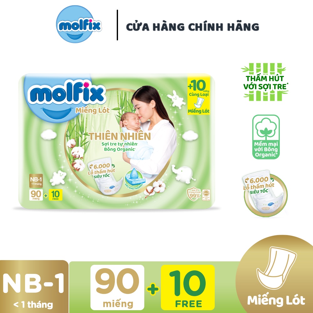 Miếng lót sơ sinh Molfix thiên nhiên bông Organic tự nhiên ( dưới 1 tháng tuổi ) - Gói 90+10 miếng