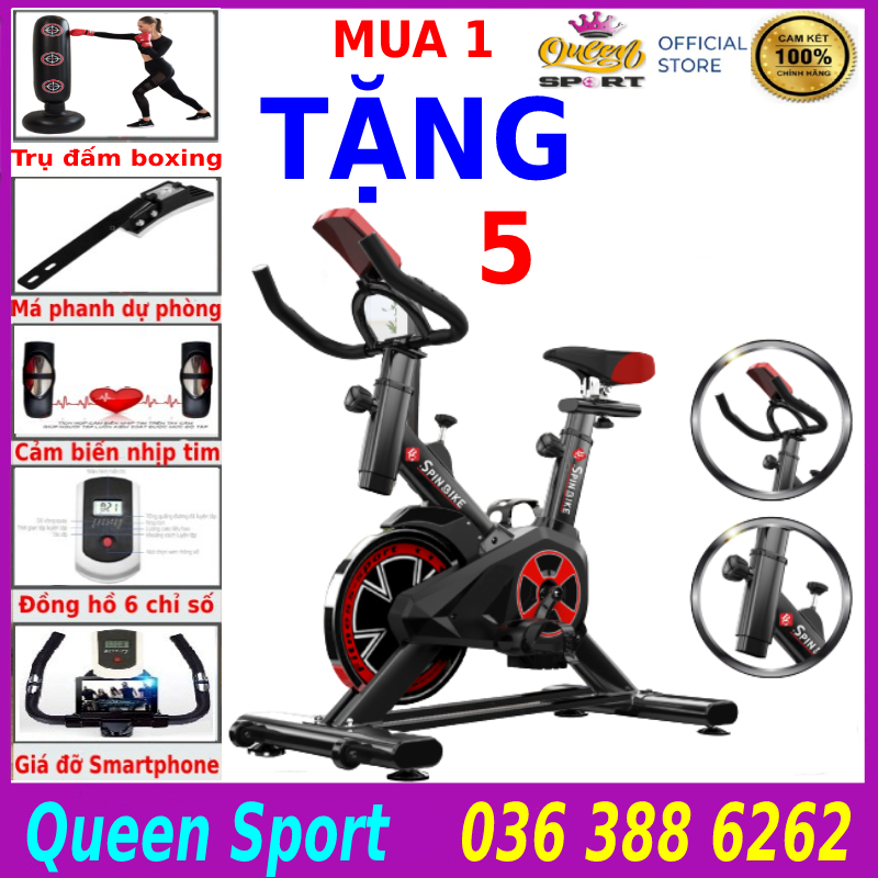 Xe đạp tập thể dục tập gym tại nhà Queen Sport X9 tặng kèm trụ đấm bốc + đồng hồ + cảm biến nhịp tim + giá đỡ ipad - bảo hành 3 năm