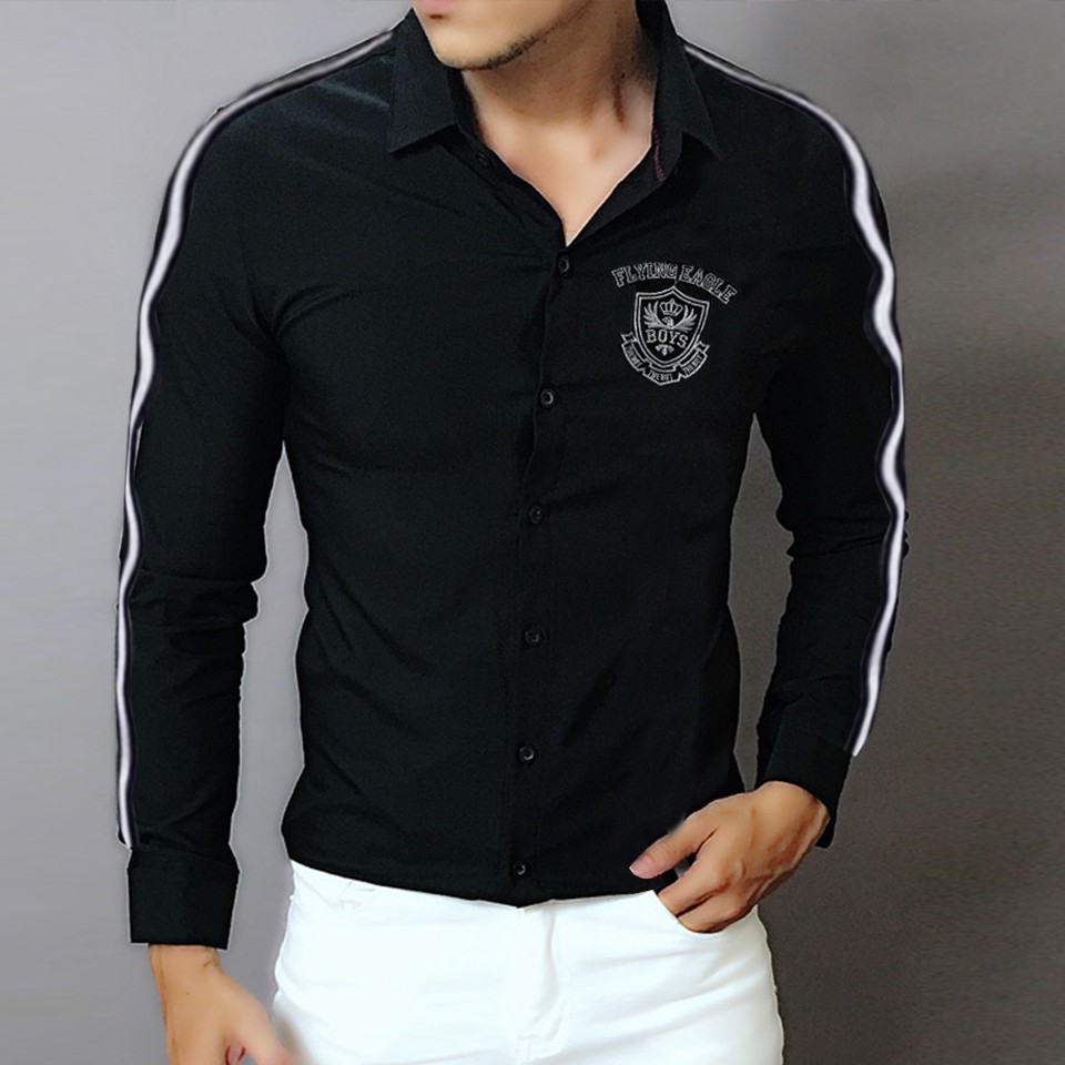 [HCM]ÁO SƠ MI NAM ĐEN TAY DÀI PHỐI VIỀN THÊU LOGO CAO CẤP  SƠ MI NAM CHẤT A73 (Ảnh thật)