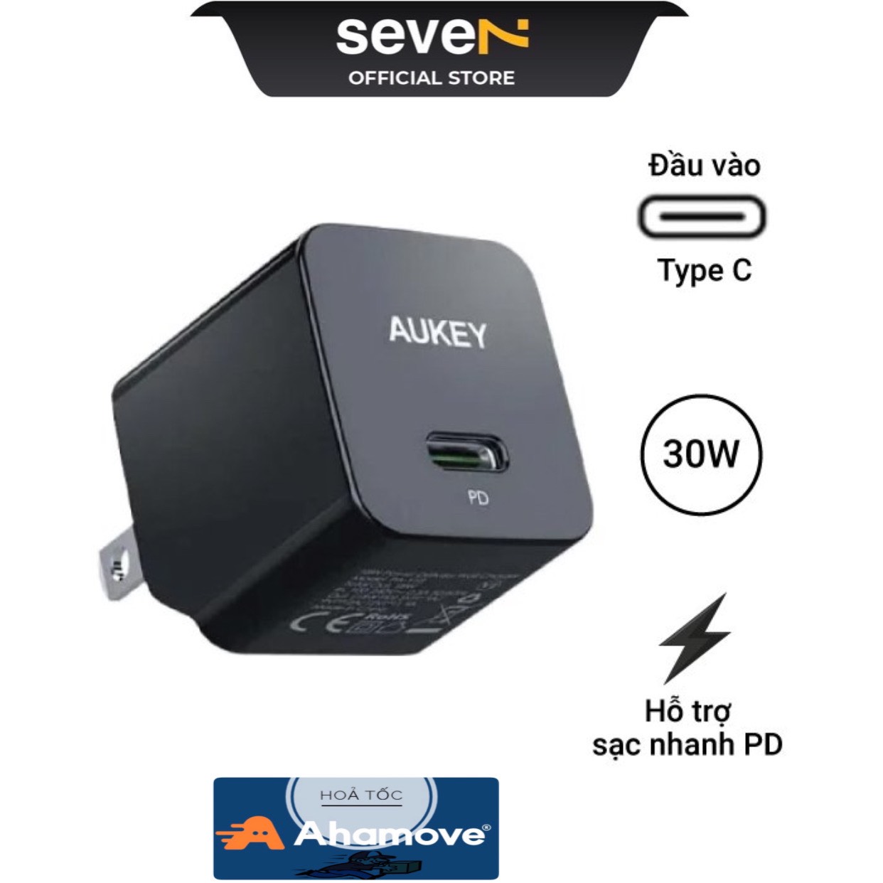 Củ sạc nhanh aukey 30w pa-y30s 1 cổng pd - sạc nhanh power delivery 3.0 - chính hãng bh 12 tháng - seve7