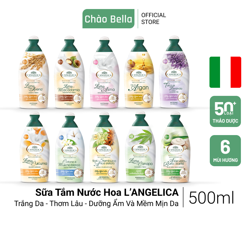 Sữa Tắm Thảo Dược Ý, Hương Nước Hoa L'angelica | Trắng Da - Hương Hoa Tự Nhiên - Dưỡng Ẩm Và Mềm Mịn Da (500ml)