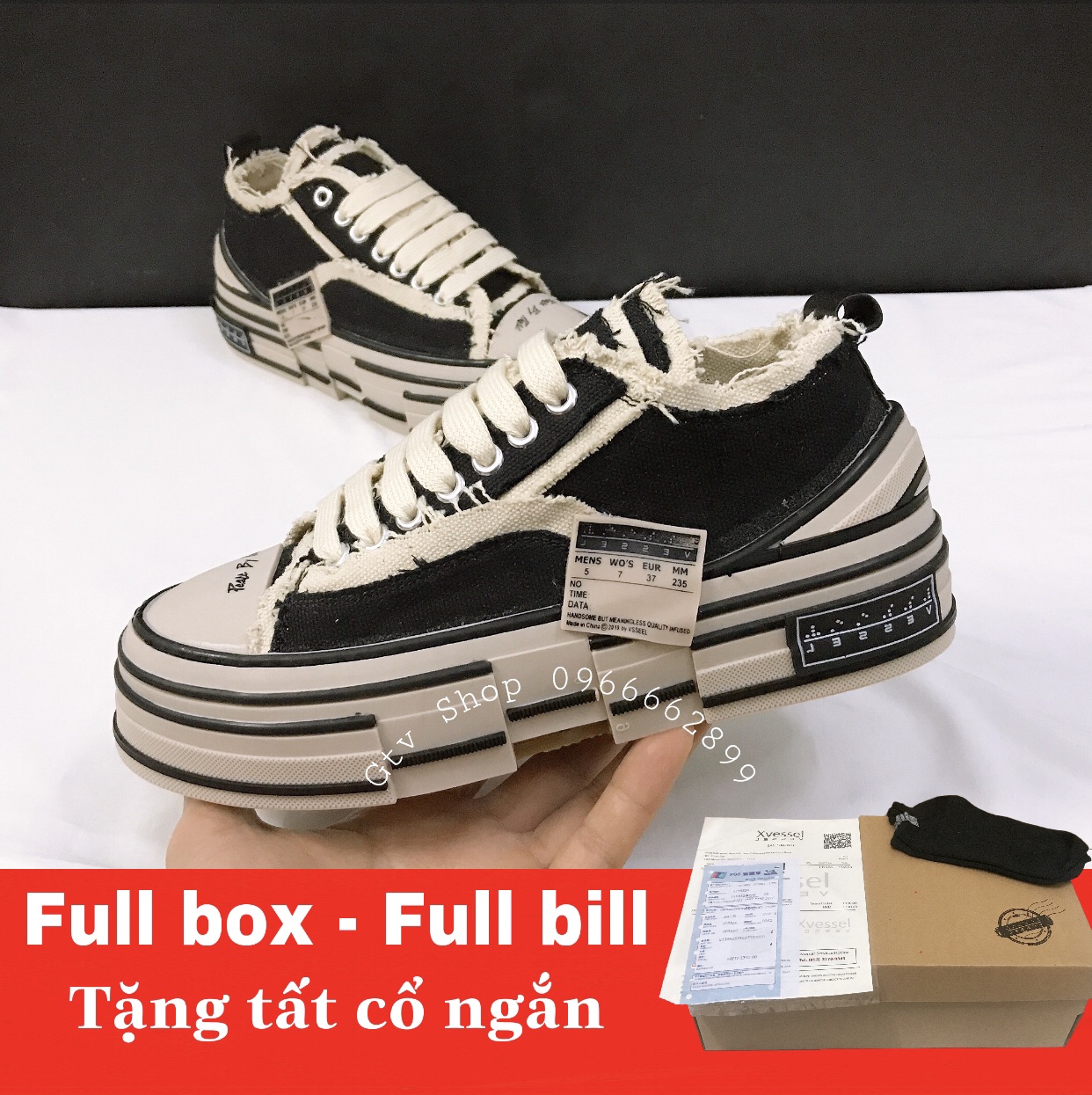 Full box- Full bill, Tặng tất - Giày thể thao nam nữ xvessel đen, phong cách rách cái bang.