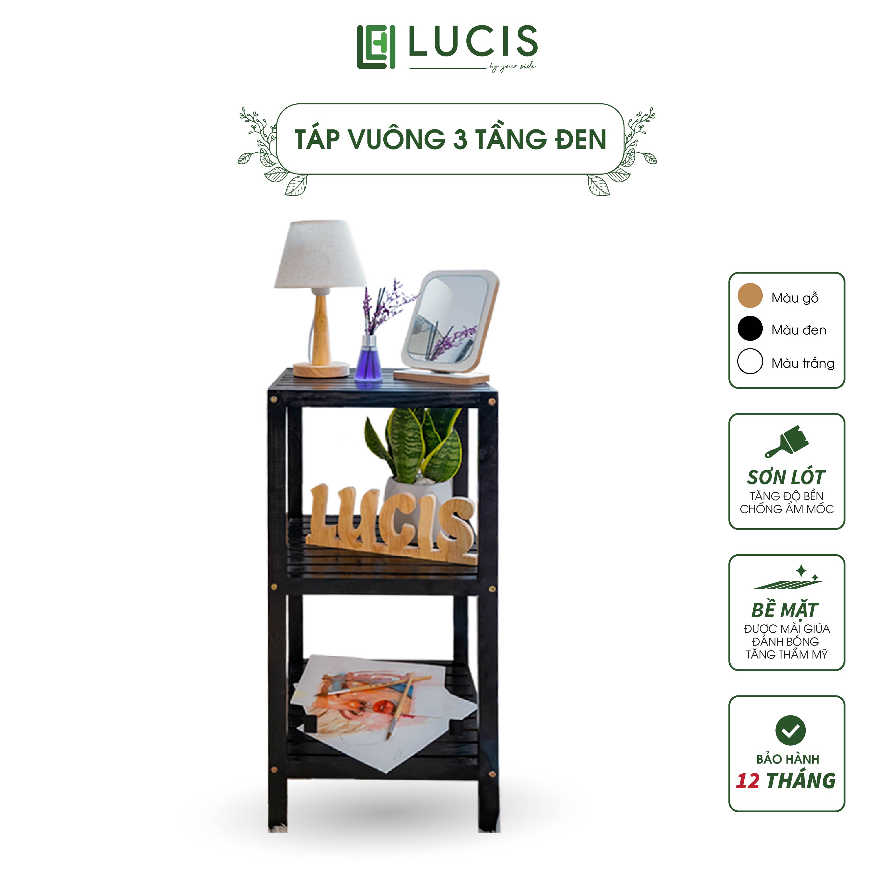 Kệ gỗ 3 tầng vuông màu đen LUCIS - Kệ gỗ decor phòng ngủ - Kệ 3 tầng để đồ trang trí để quần áo bằng gỗ thông