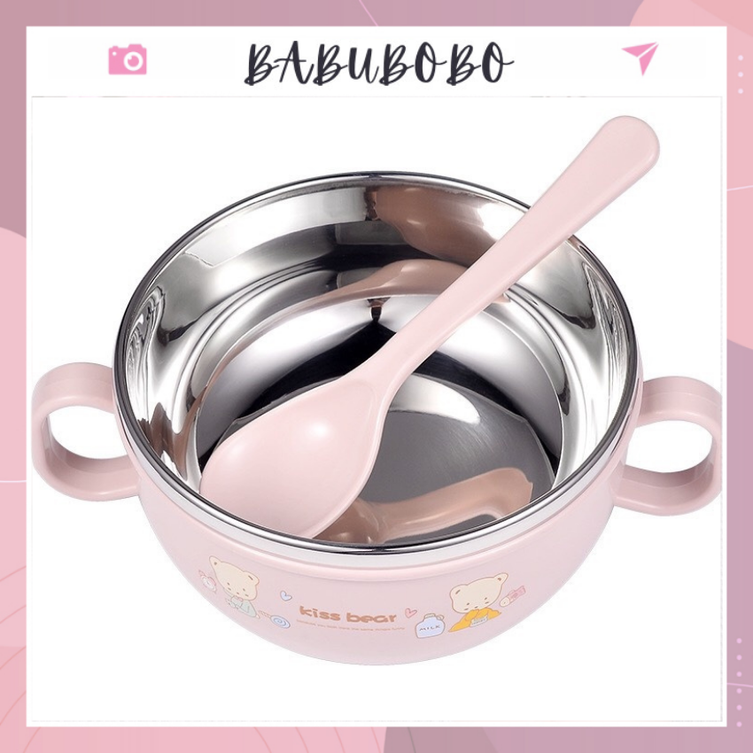 Chén Bát Inox Ăn Dặm Cho Bé Có Tay Cầm Nắp Đậy Kèm Thìa Muỗng 2 Lớp Cách Nhiệt Babuu BB01