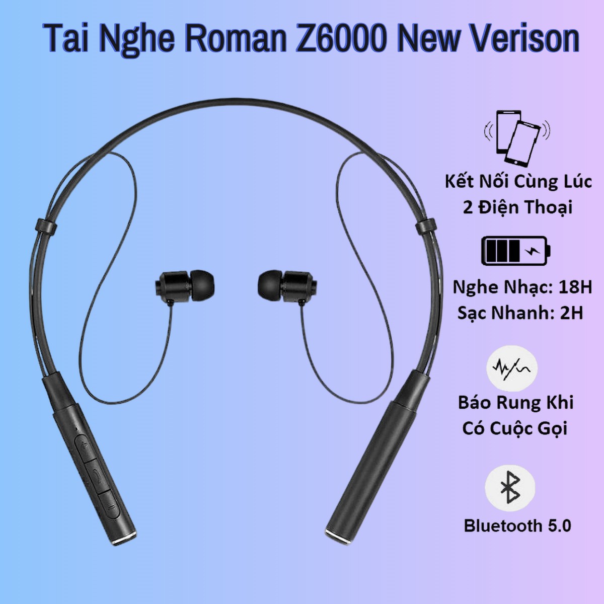 Tai nghe Bluetooth Roman Z6000 tích hợp micro, hỗ trợ rung khi có cuộc gọi, kết nối cùng lúc 2 thiết bị - Hàng chính hãng