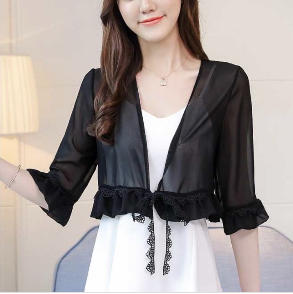 Áo khoác tay lỡ nhún bèo ren tiểu thư cột eo nơ