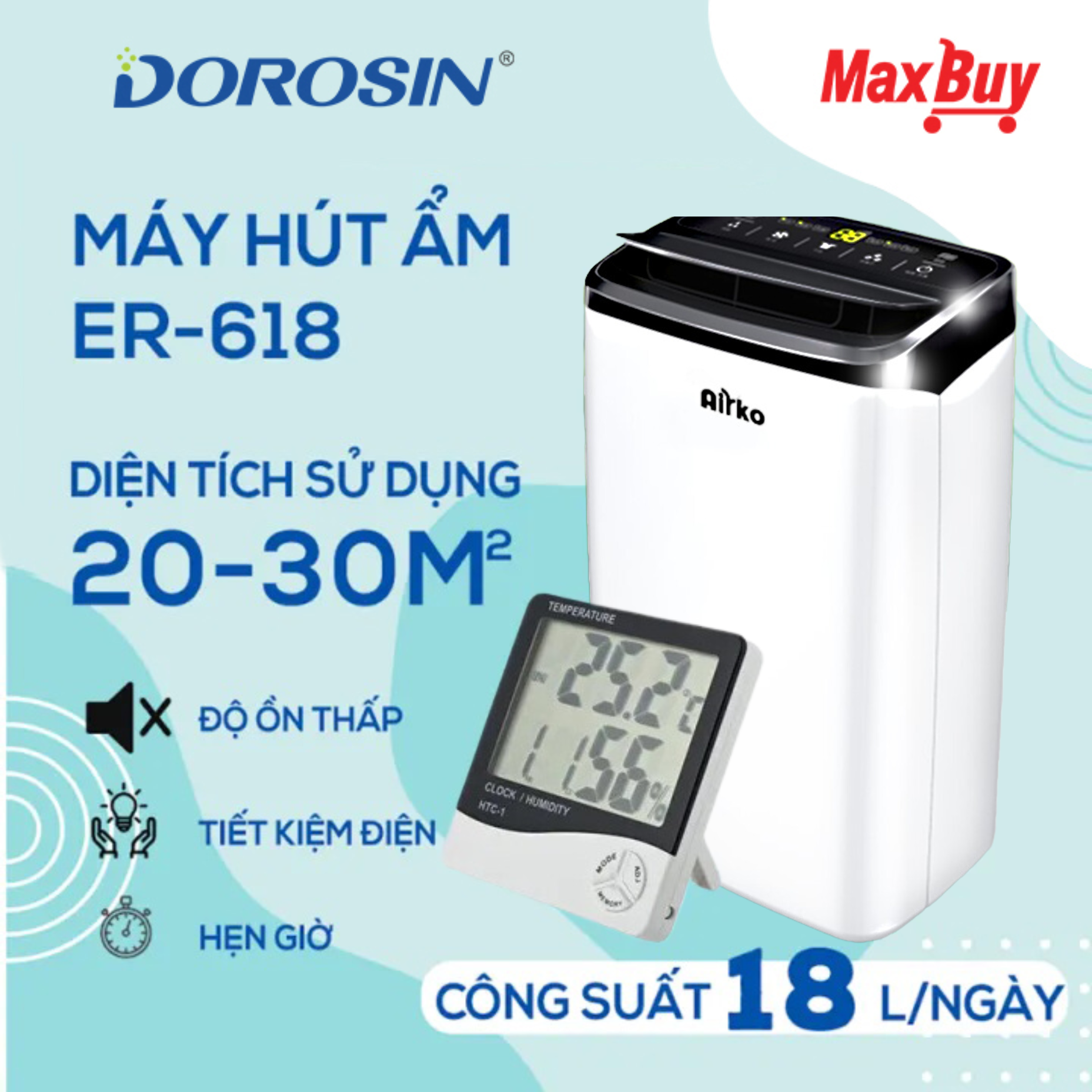 Máy Hút Ẩm Dorosin Công Suất Hút Ẩm Lớn 18 Lít/Ngày Diện tích sử dụng 30m2 Bảo Hành 24 Tháng ER-618C