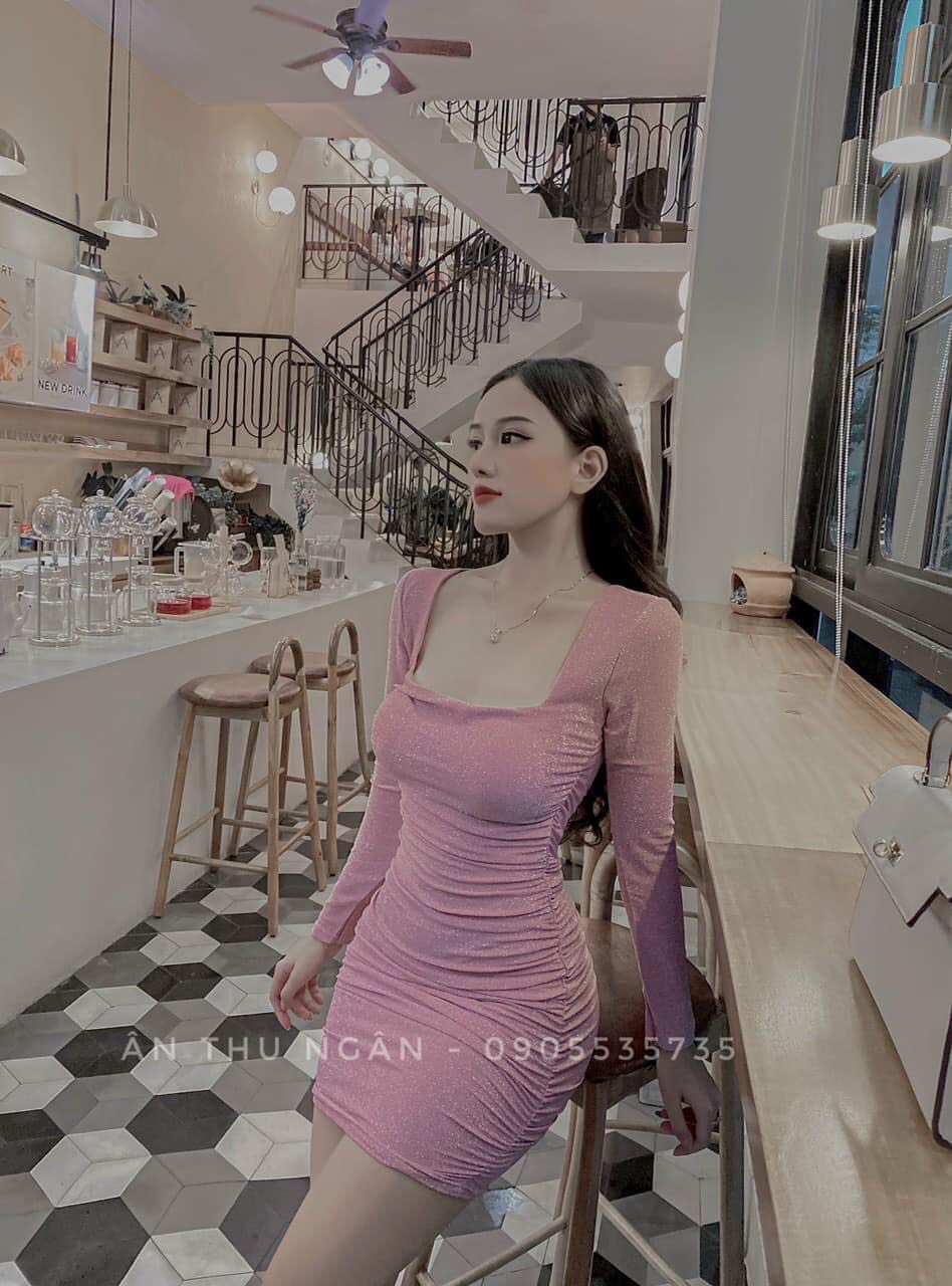 Đầm body nữ dài tay cổ vuông nhún sườn  chất đẹp - Đầm dài tay - Váy nhún eo - đầm cổ vuông - đầm chữ - hàng thiết kế siêu phẩm từ SOLASHOP-chens