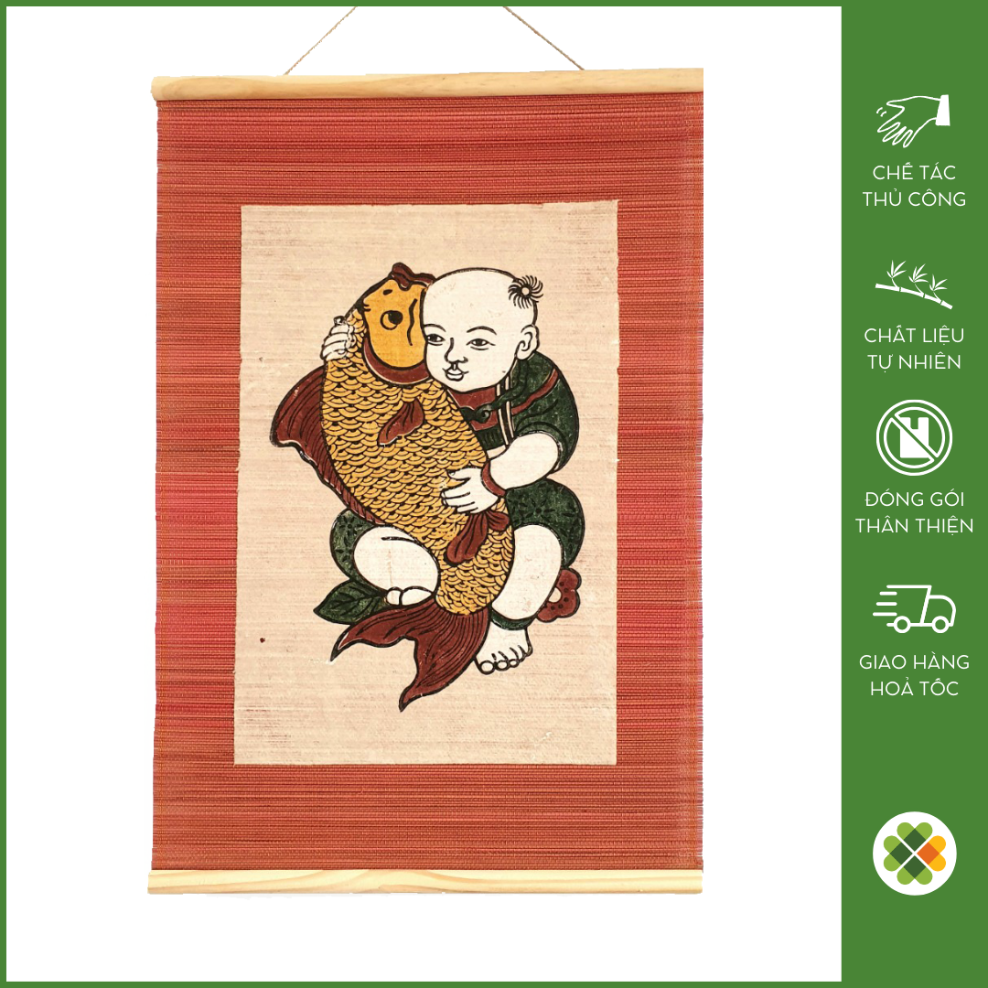 Tranh Đông Hồ Bé ôm cá chép - Tranh thủ công dân gian