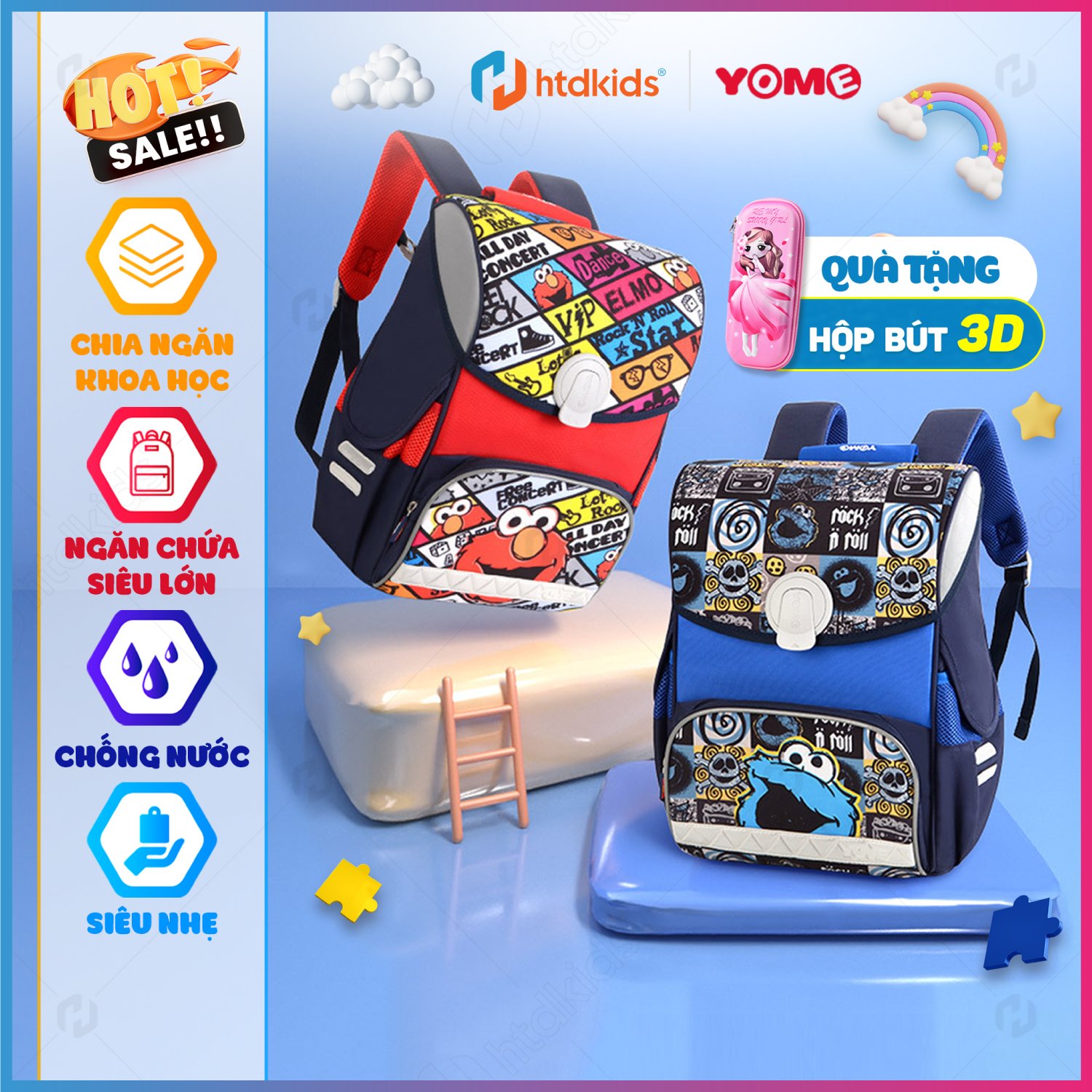 Cặp chống gù lưng cho học sinh tiểu học YOME series ZM22