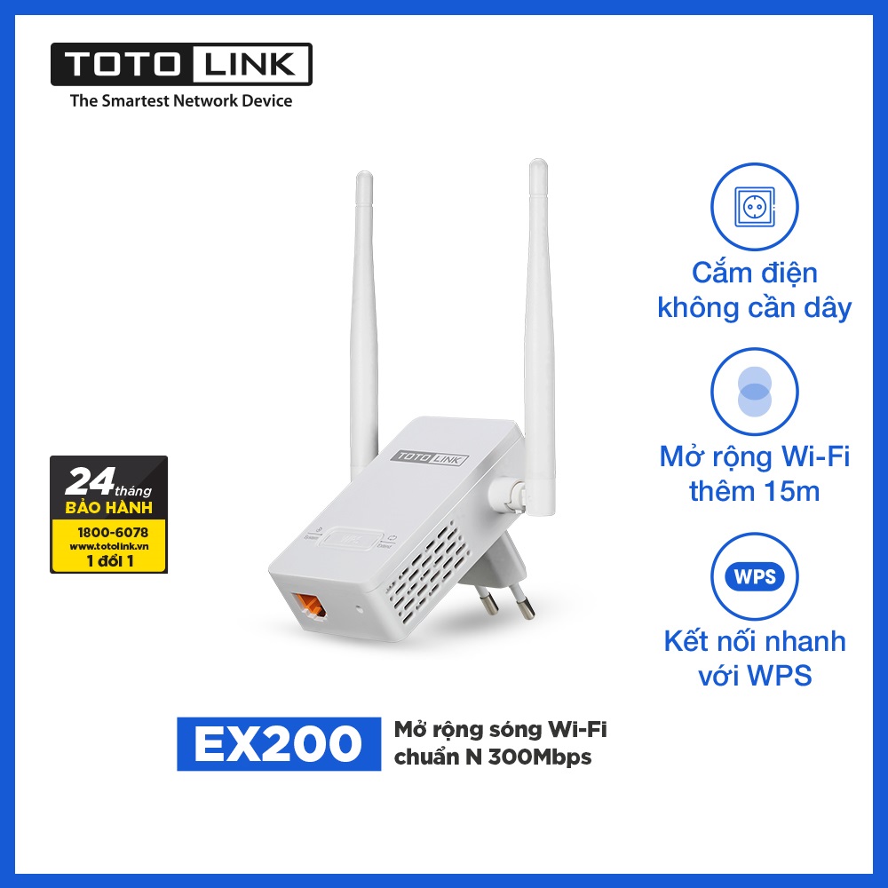 [HCM]Thiết Bị Mở Rộng Sóng Wi-Fi Chuẩn N 300Mbps TOTOLINK EX200_V1 - Hãng phân phối chính thức