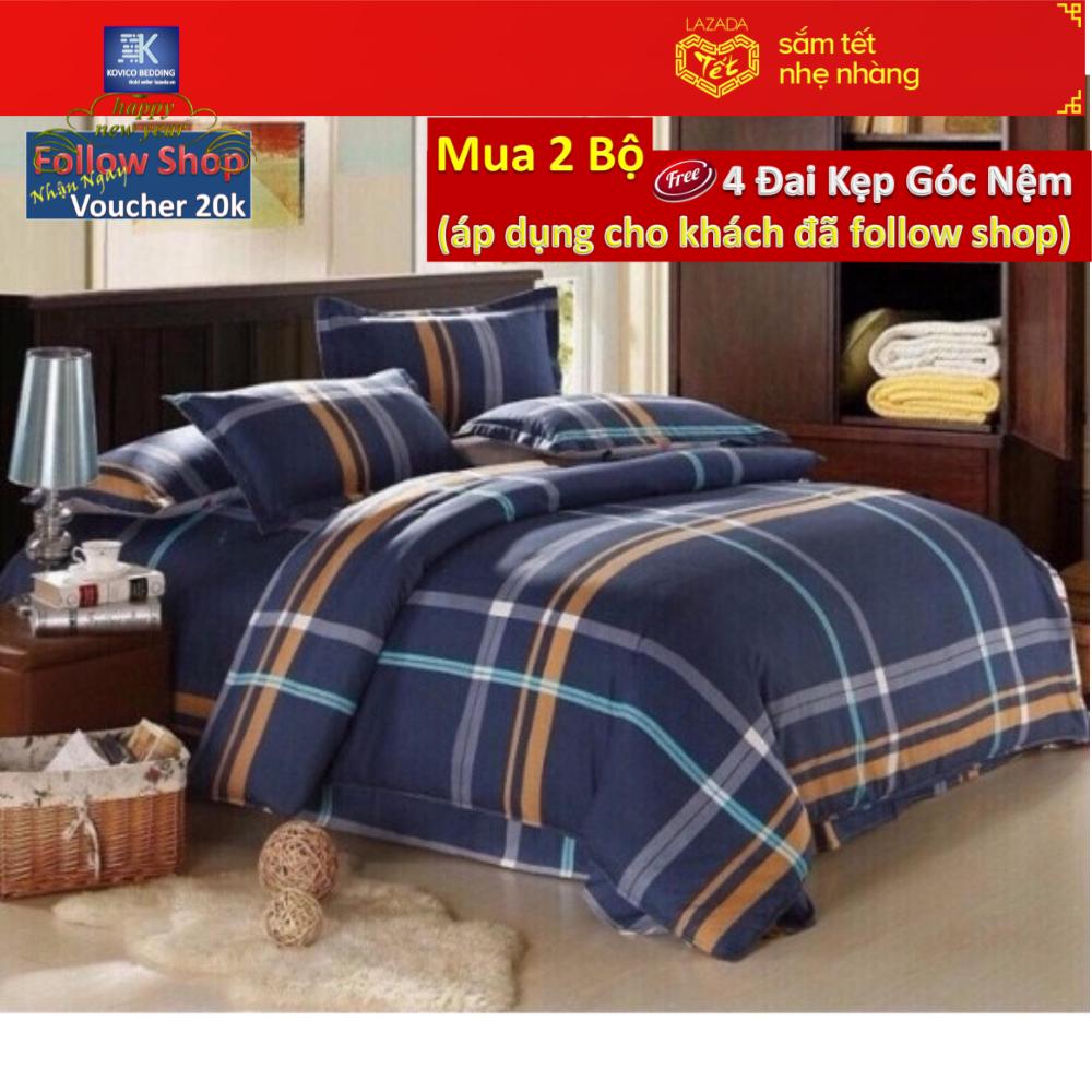 Bộ chăn ga gối poly Kẻ xanh vàng 1m8x2m