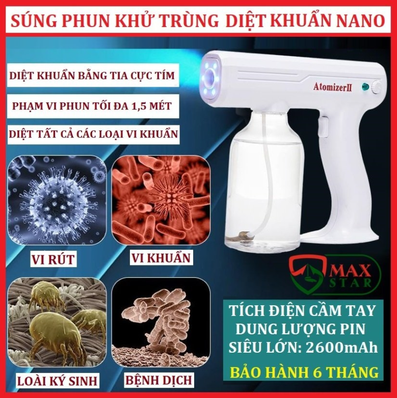 Máy Phun Sương Diệt Khuẩn | Bình Xịt Hơi Nước Ánh Sáng Nano Xanh Không Dây | Dung Lượng Pin Lớn, 2 Chế Độ Phun Sương, Sử Dụng Liên Tục Trong 2 Giờ, Màn Hình Cảm Ứng, Diệt 99% Vi Khuẩn - BẢO HÀNH 1 NĂM.