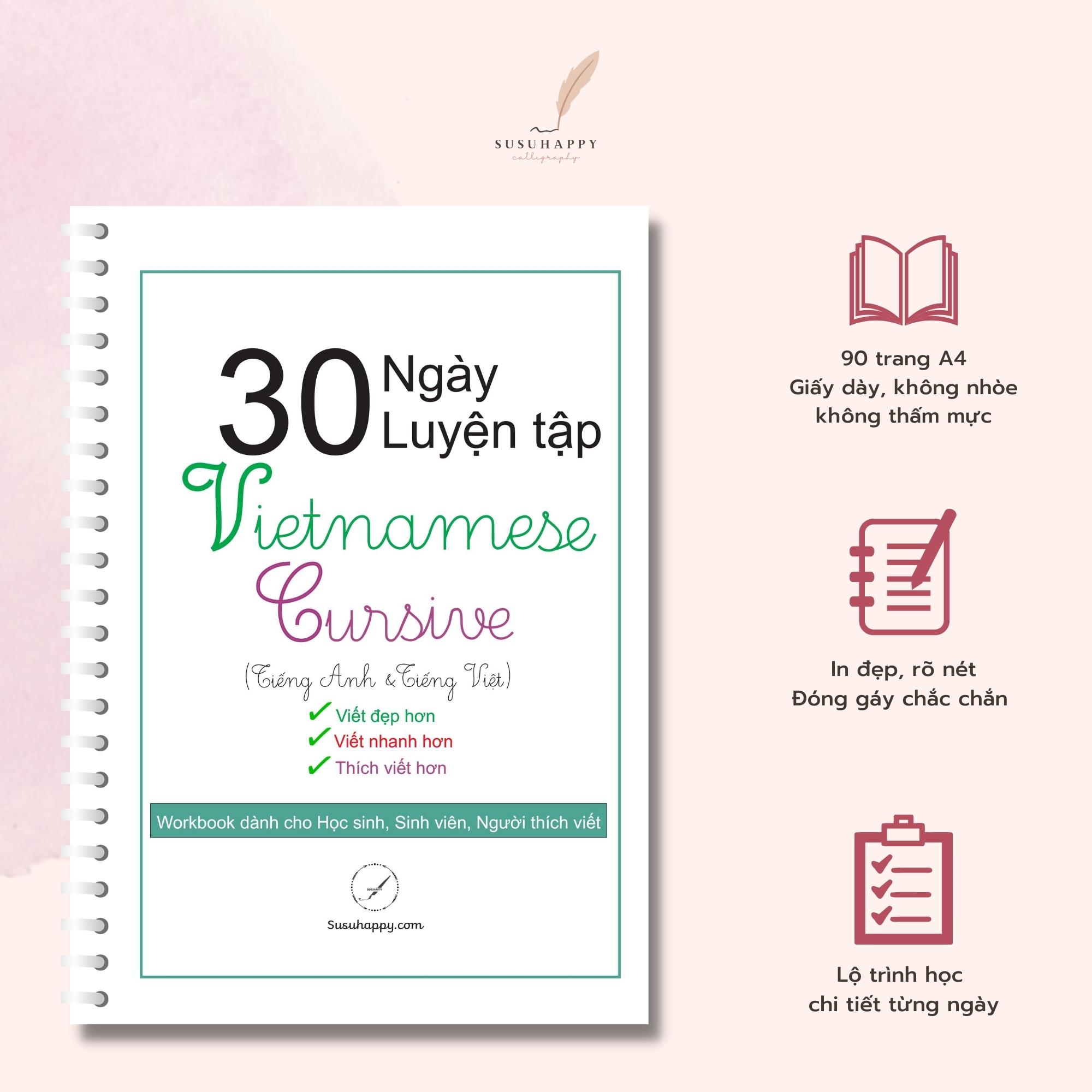 Workbook 30 Ngày Cải Thiện Chữ Viết Tay Vietnamese Cursive, Giúp Viết Đẹp, Nhanh Hơn