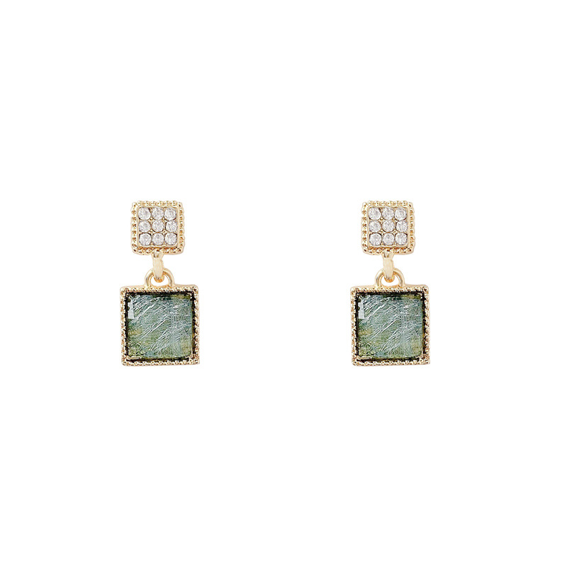 Bông tai nữ thời trang đính đá sang trọng - V Jewelry - A005 - hình vuông, kiểu dáng pha lê, đính đá xanh lục