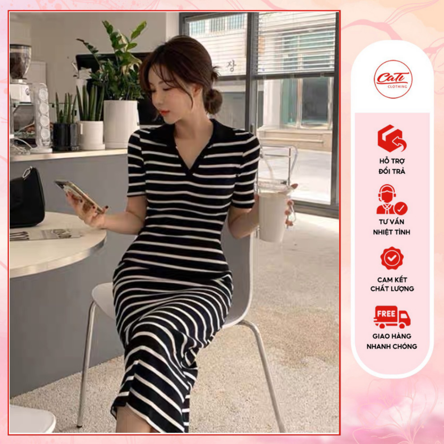 Cati đầm body cổ v 2 màu kẻ