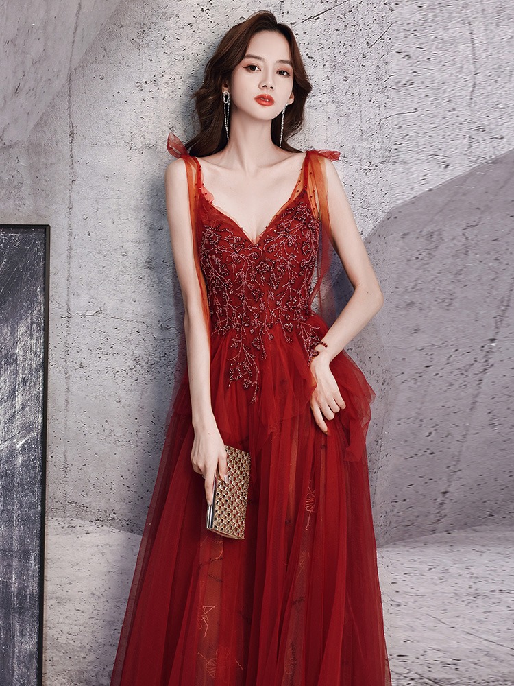 Bộ váy Dress Red Wedding Slimming Appreciation Dinner Dress Bride Noble Elegant Dress H876
