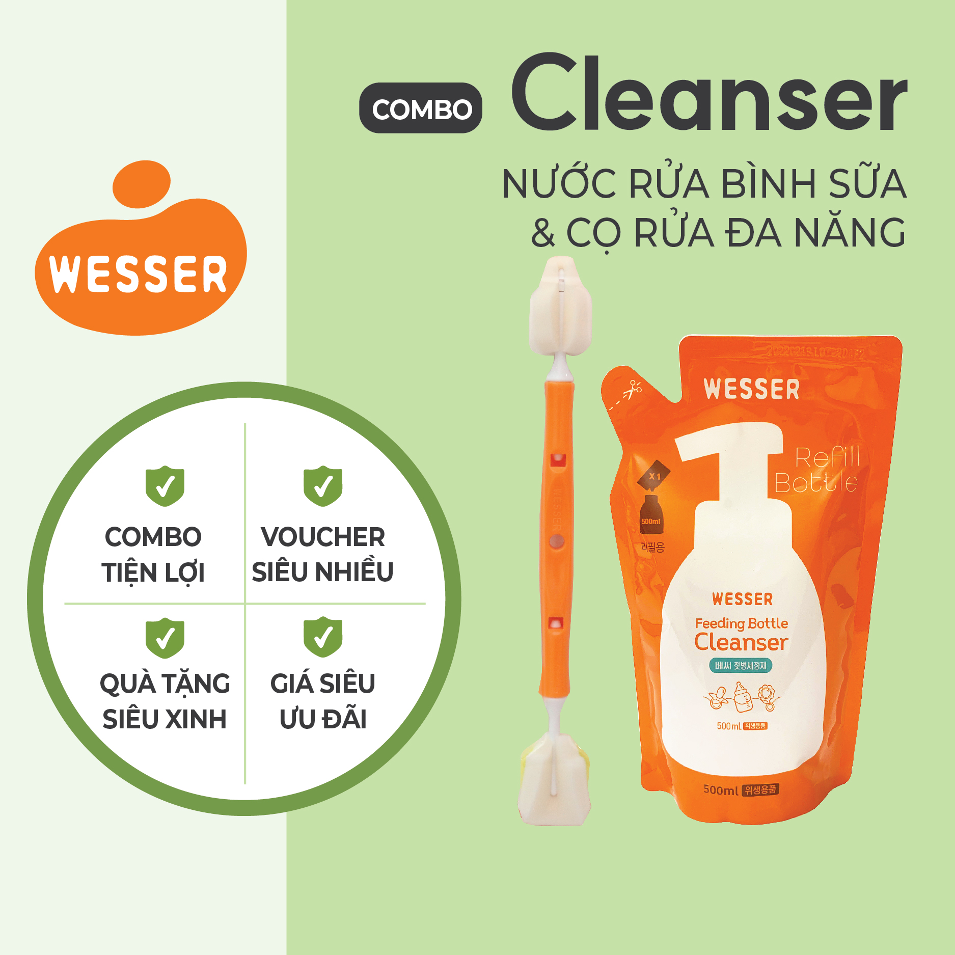 Combo Nước rửa bình sữa gói+ Dụng cụ vệ sinh bình sữa đa năng