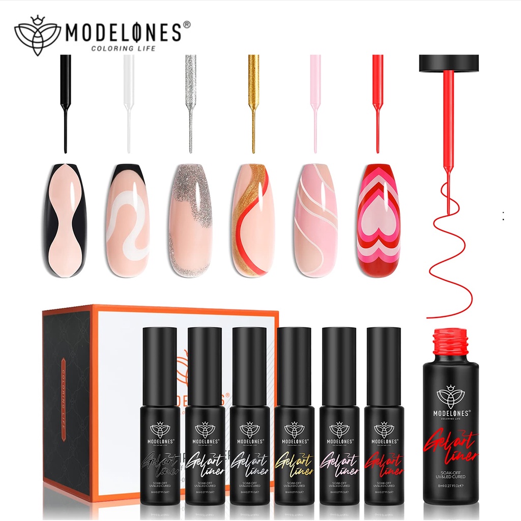 Modelones gel polish nail art gel liner set 6 colors white black pink glitter gel nail polish gel liner nail art soak off gel