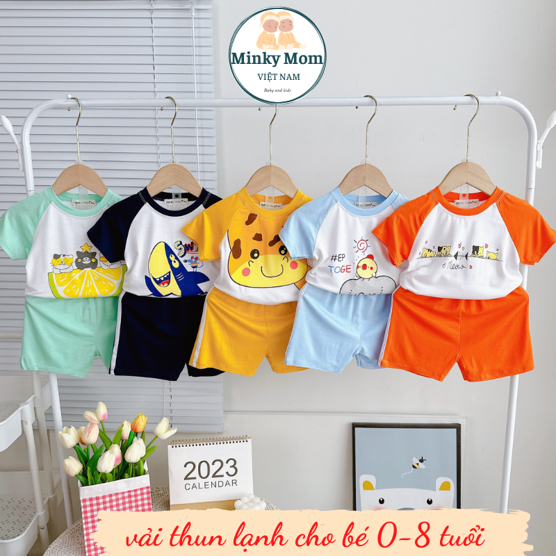 Bộ Cộc Tay Minky Mom Vải Thun Lạnh Mềm Mát Mịn Cổ Tròn Phối Màu Dễ Thương Thiết Kế Raglan Mới Cho Bé Trai Bé Gái Mặc Đi Chơi Đi Học Mã TNIN162