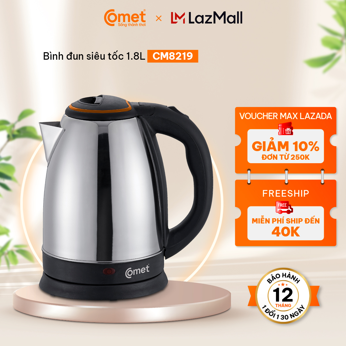 Bình đun siêu tốc COMET - CM8219 - 1.8L - Bảo hành 12 tháng - Hàng chính hãng