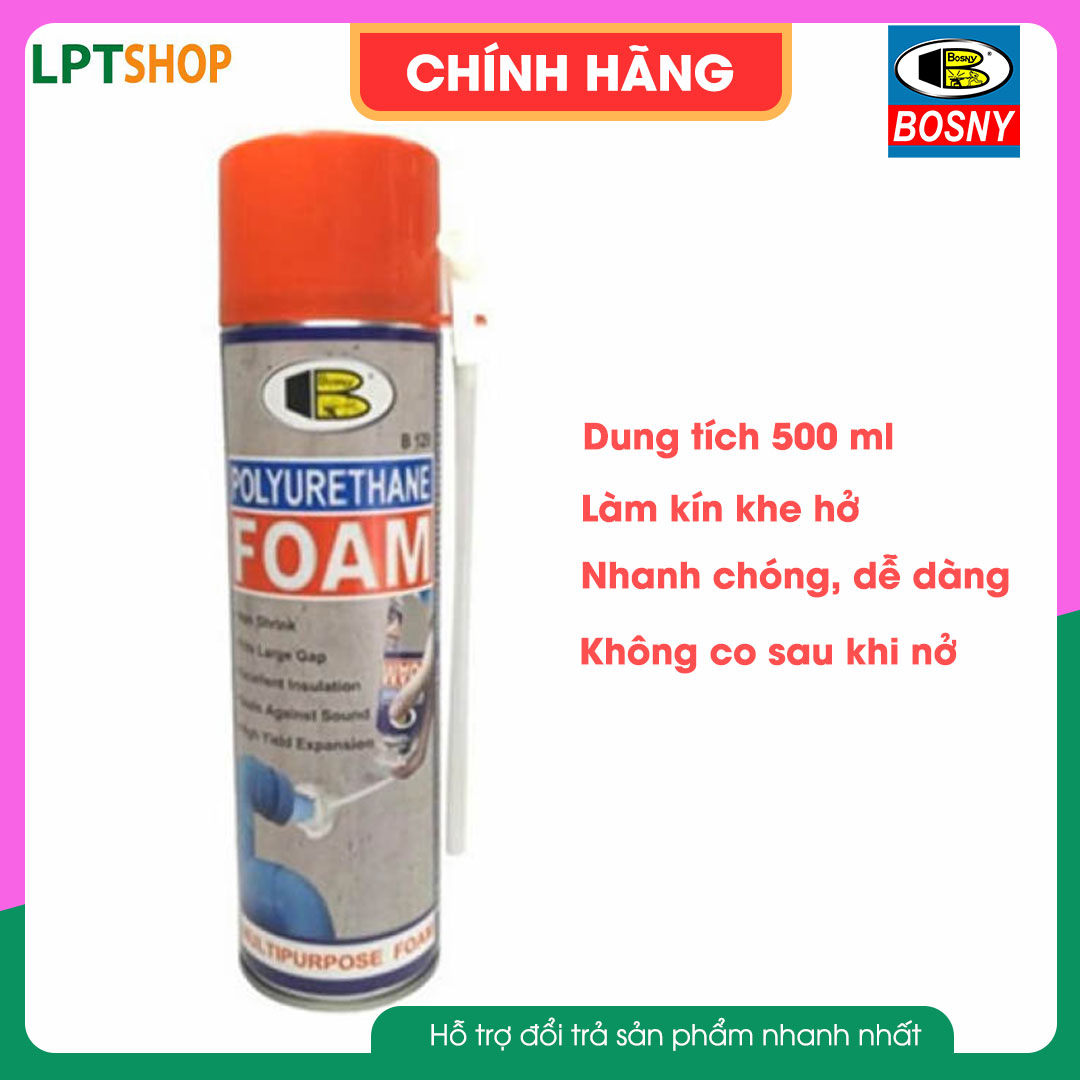 Chai xịt bọt nở Bosny Polyurethane Foam - PU Foam B129 dùng trám lổ chuột, ngăn côn trùng, dung tích 500cc